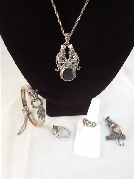 Sterling Silver Art Deco Cat Theme Jewelry Suite: Necklace, Bracelet, Pendant, Brooch, (2) Rings