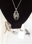 Sterling Silver Art Deco Cat Theme Jewelry Suite: Necklace, Bracelet, Pendant, Brooch, (2) Rings