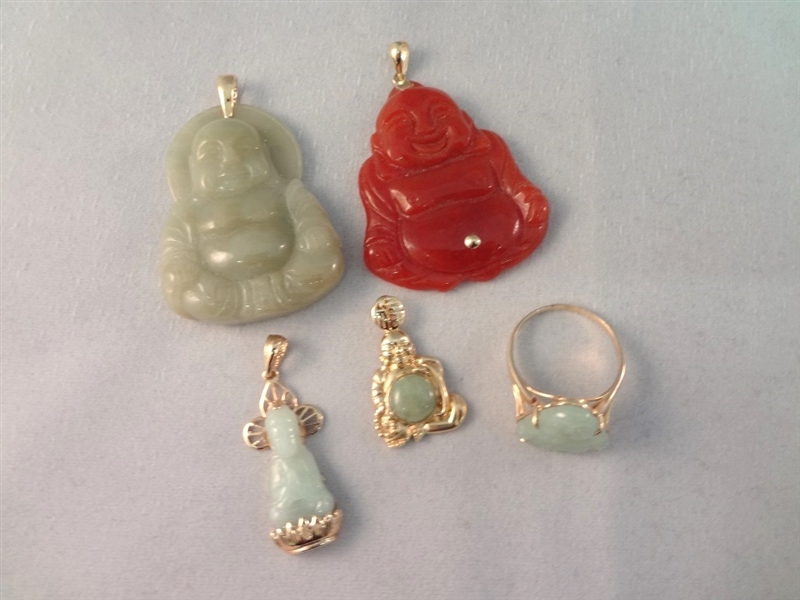 14K Gold and Multi Color Jade Buddha Group (4) Pendants, (1) Ring