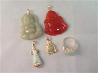 14K Gold and Multi Color Jade Buddha Group (4) Pendants, (1) Ring