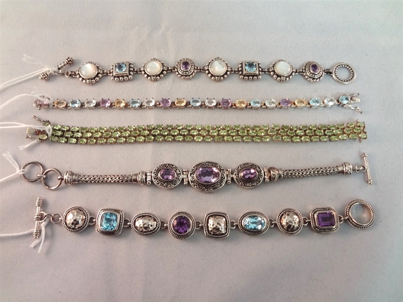 (5) Sterling Silver Tennis Bracelets with Amethyst, Topaz, Peridot, Sapphires, Citrine