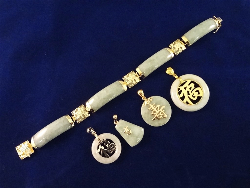 14K Gold and Green Apple Jade Jewelry: (4) Pendants, (1) Bracelet