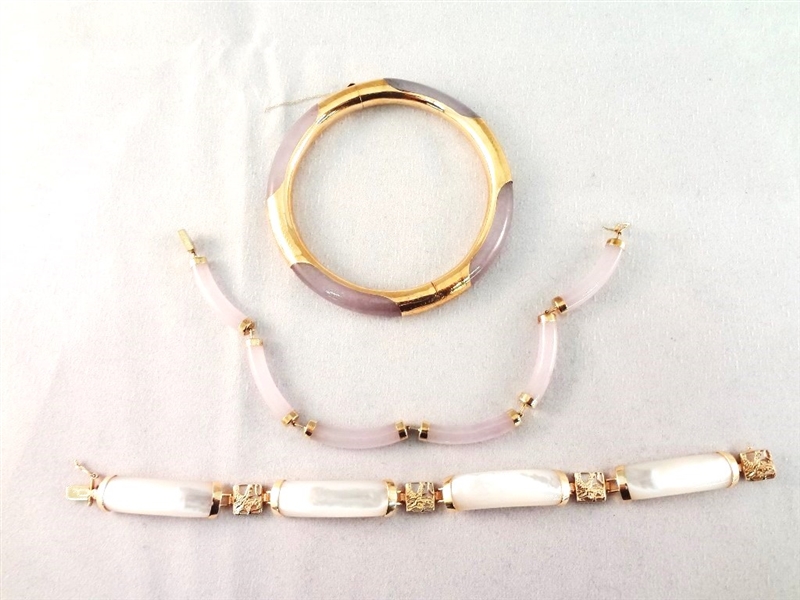 14K Gold and Smoky Jade Gold Wrapped Bangle Bracelet and 2 Cabochon Bracelets