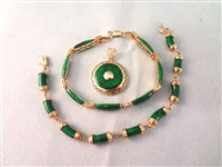 14K Gold and Malachite Stone Jewelry: (2) Bracelets, (1) Pendant