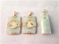 (3) 14K Gold Green Apple Jade Pendants: Rabbit, Foo Dog, Tiger