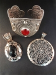(3) Sterling Silver High Filigree Detail Jewelry: Cuff Bracelet, (2) Pendants