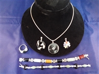 Sterling Silver Multi Color Jade Jewelry: (3) Pendants, (1) Ring, (1) Necklace, (2) Bracelets