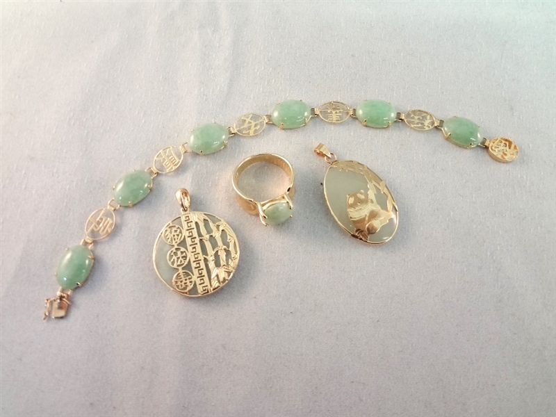 14K Gold and Green Apple Jade Jewelry: (1) Ring, (2) Pendants, (1) Bracelet