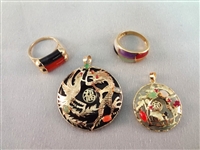 14K Gold and Multi Color Jade Jewelry Group: (2) Rings, (2) Pendants