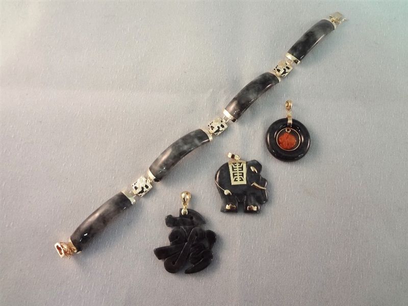14K Gold and Smoky Black Jade Jewelry: (3) Pendants, (1) Bracelet