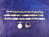 Sterling Silver and Multi Color Jade Jewelry Suite: (3) Bracelets, (1) Ring, (1) Pendant