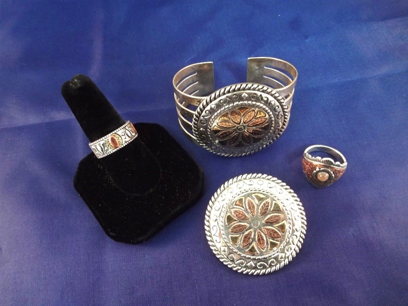 Carolyn Pollack Sterling, 14K Gold Matching (1) Cuff Bracelet, (1) Pendant, (2) Rings