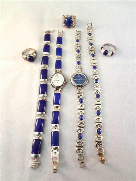 Sterling Silver Lapis Lazuli Blue Jewelry Group: (2) watch and Bracelet Sets, (3) Rings