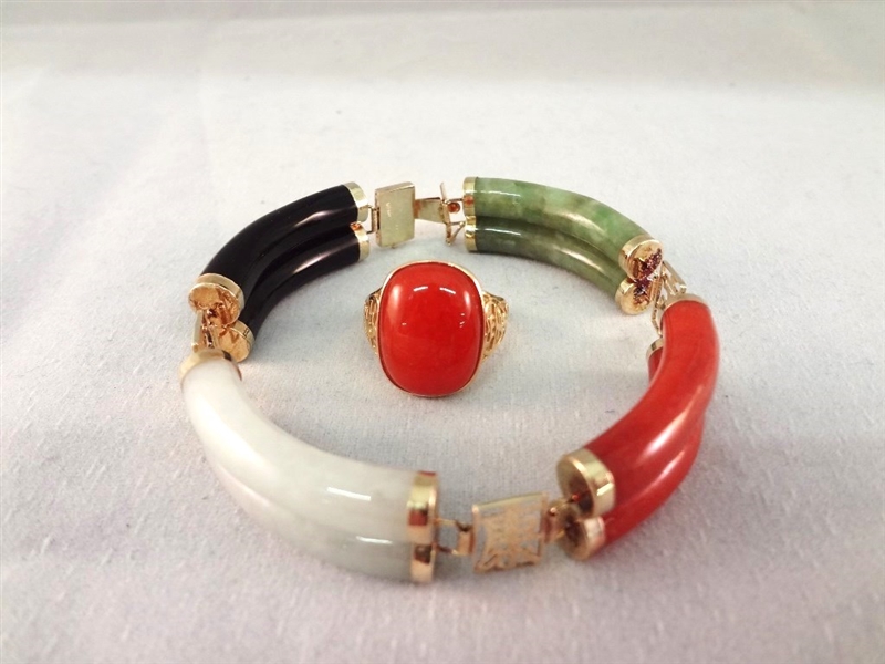 14K Gold and Multi Color Jade Double Link Bracelet and Ring