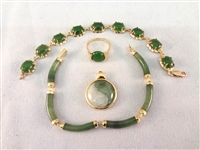 14K Gold and Dark Green Jade (2) Bracelets, (1) Ring, (1) Pendant
