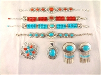 Southwest Sterling Silver Turquoise Jewelry Lot: (4) Bracelets, (4) Pendants