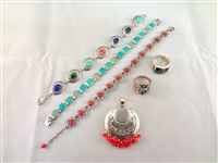 Sterling Silver Red Coral and Turquoise Jewelry Group: (3) Bracelets, (2) Rings, (1) Pendant