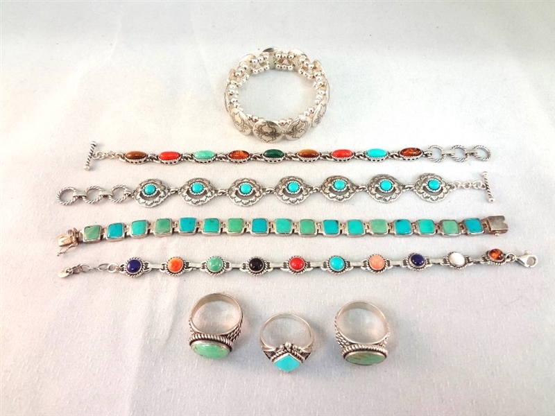 Southwest Sterling Silver Turquoise Jewelry Group: (5) Bracelets, (3) Rings
