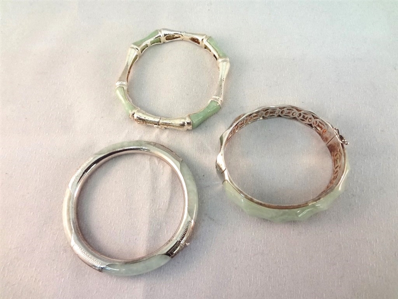(3) Sterling Silver and Green Apple Jade Bangle Bracelets
