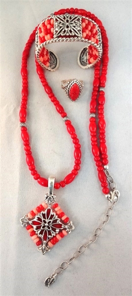Carolyn Pollack Sterling Silver Shades of Coral Matching Necklace, Pendant, Bracelet, and Ring Set
