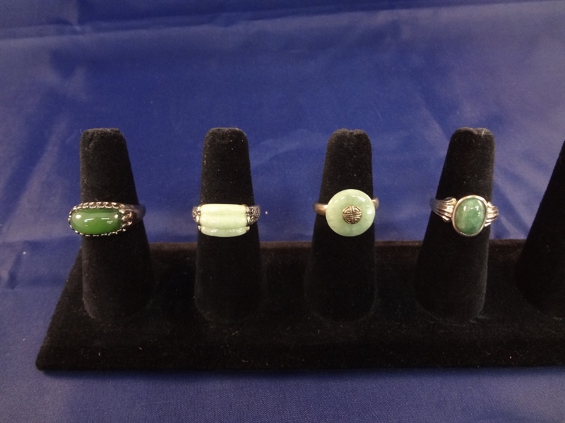 (4) Sterling Silver and Green Jade Rings 