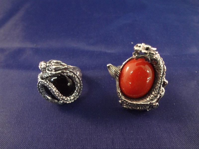 (2) Sterling Silver Large Dragon Rings with Large Cabochon Stones