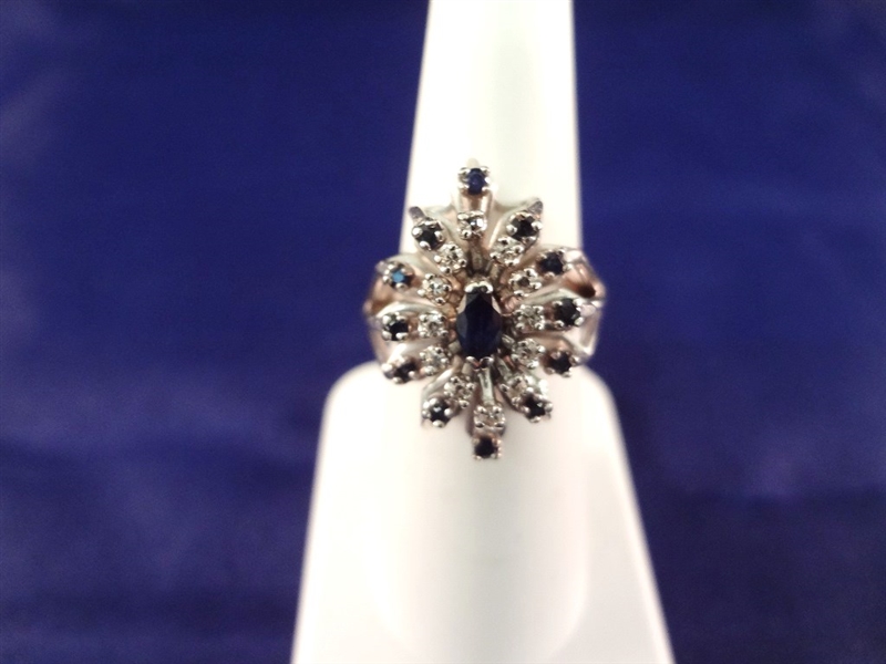 14K White Gold Diamond and Sapphire Ring Cluster Setting Size 6.75
