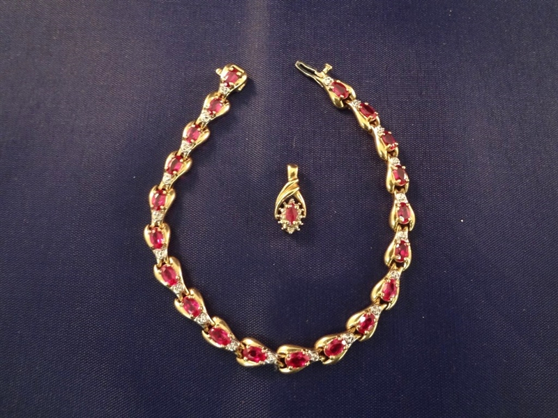 10K Gold And Ruby Tennis Bracelet and Matching Pendant