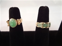(2) 14K Gold and Green Apple Jade Rings: Bamboo Cut, and Spinning Stone