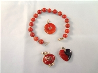 14K Gold and Red Jade Jewelry Group: (1) Bracelet, (3) Pendants