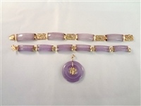 14K Gold and Lavender Jade Jewelry Group: (2) Bracelets, (1) Pendant