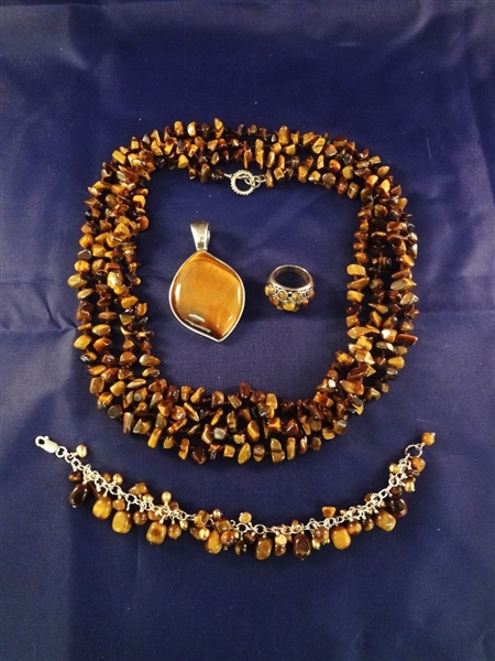 Sterling Silver and Tiger Eye Jewelry Suite: Necklace, Bracelet, Pendant, and Ring
