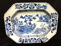 Chinese Blue and White Rectangular Octagon Oversize Charger Bowl Early Piece