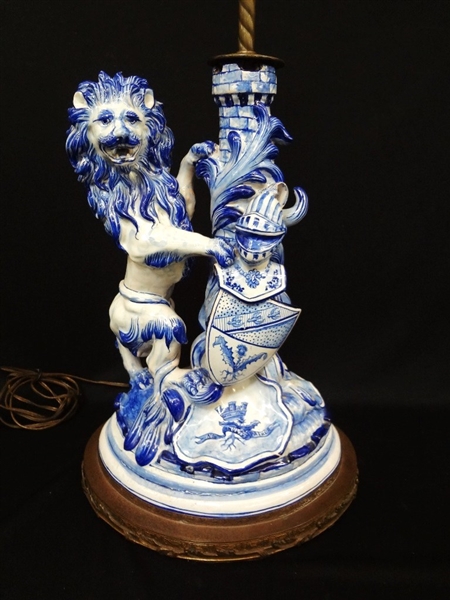 Galle St. Clement Faience 19th Century Lamp: Lion with Castle Blue and White