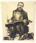 Large Etching Blind Man Playing Guitar with Dog Signed