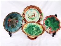 (4) English Majolica Pieces: Cake Pedestal, 2 Plates, Bowl