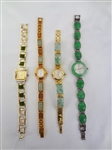 (4) Jade Watches: Sterling, Silver and Gold Tones