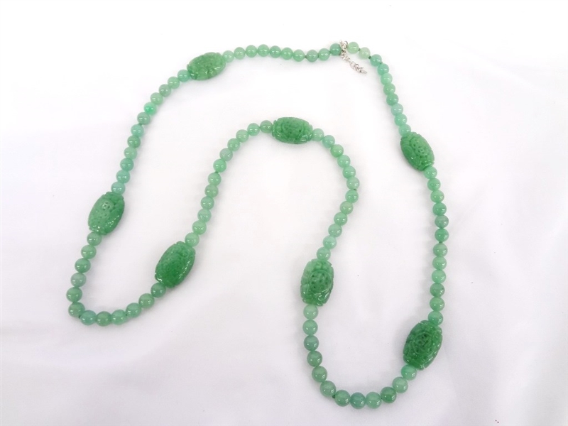Sterling And Dark Green Jade Necklace 36" Long