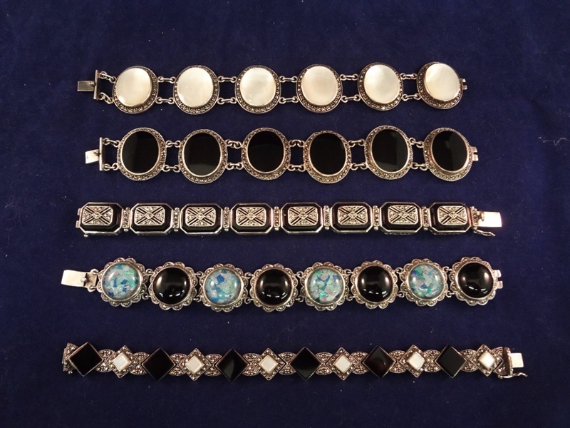 (5) Sterling Silver and White and Black Stone Bracelets