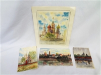 (5) Original Watercolor Paintings on Paper Russian Orthodox Churches Signed