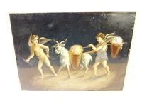 Oil Painting on Paper Mounted to Board 19th Century Cherubs with Goat