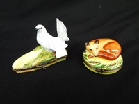 Limoges France Peint Main Trinket Boxes: Fox, Bird on Ear of Corn