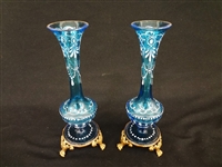 Pair Bohemian Enamel Czech Glass Vases on Brass Bases