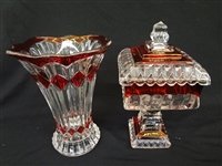 Smith Ruby Stain Glass Covered Compote and Vase Wedding Pattern