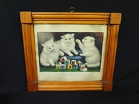 Currier and Ives Hand Colored Lithograph "My Three White Kittens" in Period Frame
