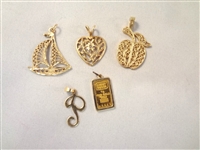 (5) 14k Gold Pendants: Boat, Apple, Heart, Bar, Letter