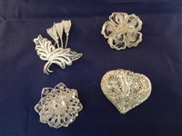 (4) Sterling Silver High Filagree Brooches and Pendant