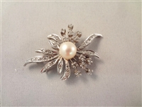 14k White Gold Solitaire Pearl and 39 Diamond Brooch