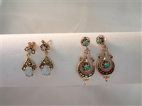 (2) 14k Yellow Gold Opal and Turquoise Dangle Drop Post Earrings