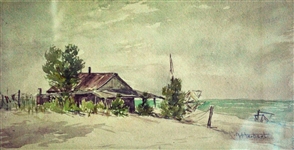 Watercolor House on Beach signed H Herbert